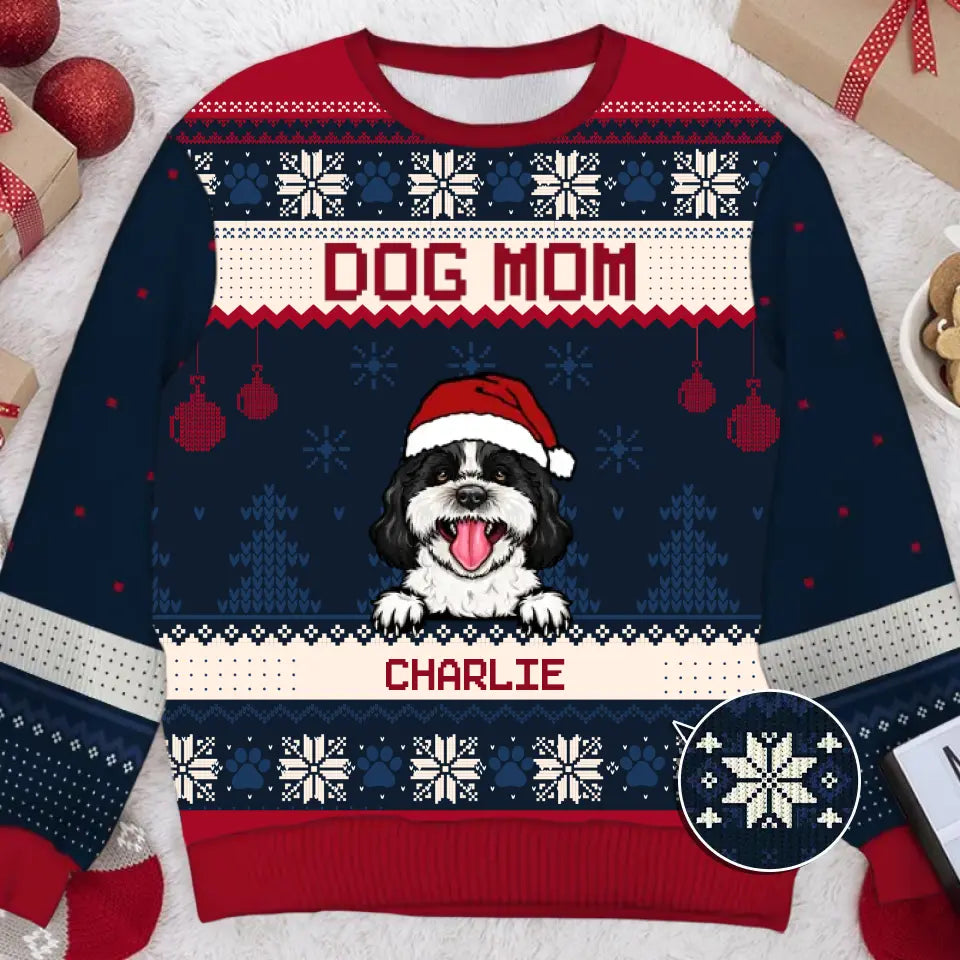 Merry Christmas, Dog Mom Dog Dad - Personalized Custom Unisex Ugly Christmas Sweatshirt, Wool Sweatshirt, All-Over-Print Sweatshirt - Gift For Dog Lovers, Pet Lovers, Christmas Gift U2