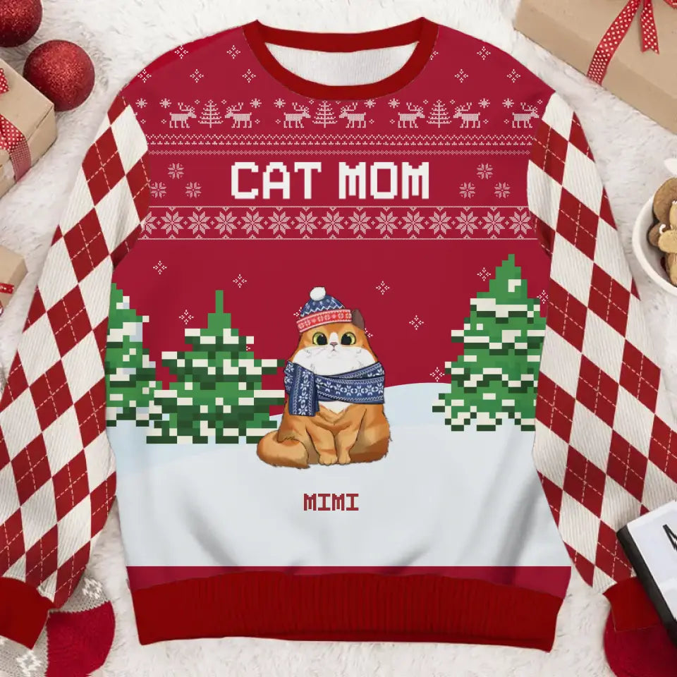 Cat Dad & Cat Mom - Personalized Custom Unisex Ugly Christmas Sweatshirt, Wool Sweatshirt, All-Over-Print Sweatshirt - Gift For Cat Lovers, Pet Lovers, Christmas Gift